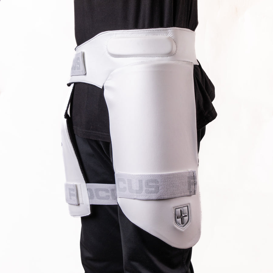 FOCUS cricket thigh guards with adjustable straps designed for protection and comfort